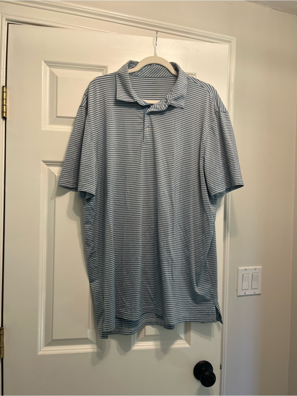 Men's Blue and White Striped Polo Shirt